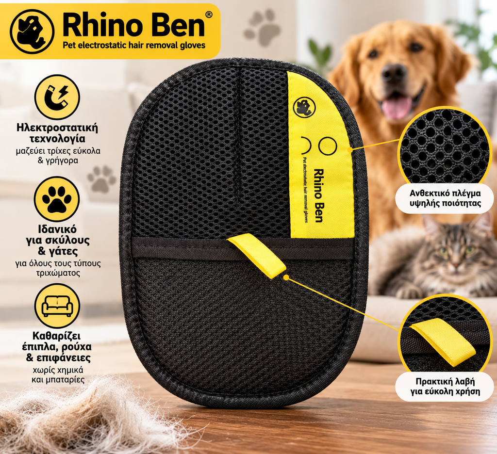 Rhino Ben – Μαγικό Γάντι Αφαίρεσης Τριχών Κατοικιδίων | Για Καναπέδες, Ρούχα & Υφάσματα