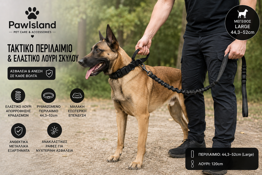 PawIsland Tactical – Τακτικό Περιλαίμιο & Ελαστικό Λουρί Σκύλου Large 44,3–52cm Μαύρο 🐾