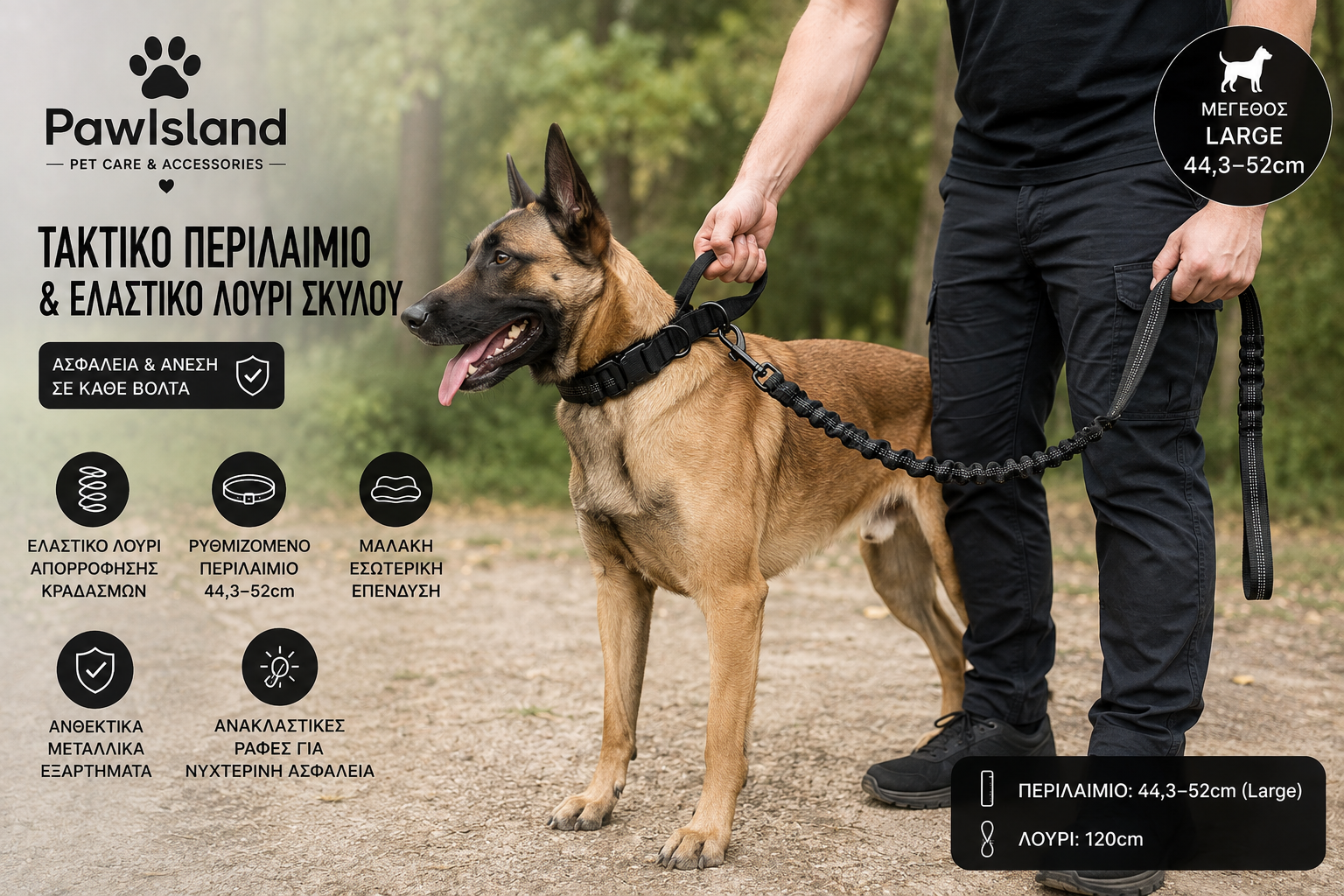 PawIsland Tactical – Τακτικό Περιλαίμιο & Ελαστικό Λουρί Σκύλου Large 44,3–52cm Μαύρο 🐾