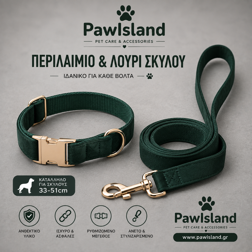 PawIsland Velvet – Περιλαίμιο & Λουρί Σκύλου 33–51cm Πράσινο ή Μπορντό