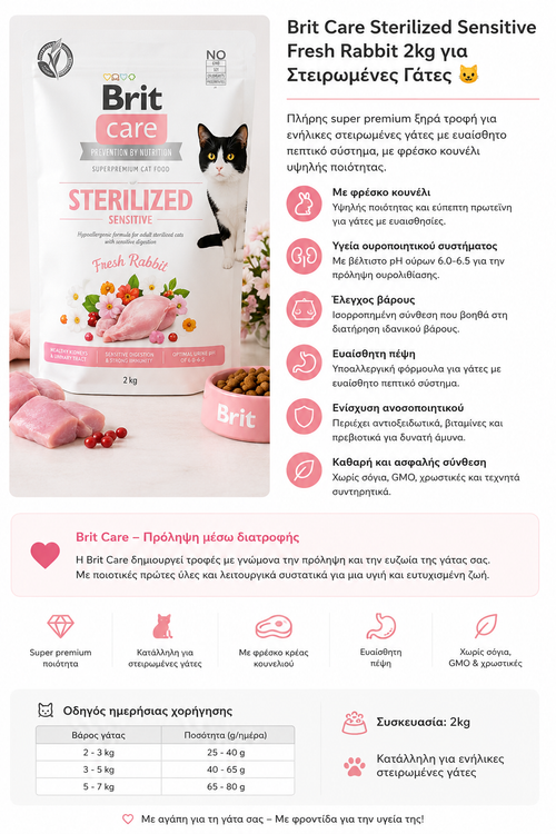 Brit Care Sterilized Sensitive Fresh Rabbit 2kg για Στειρωμένες Γάτες 🐱