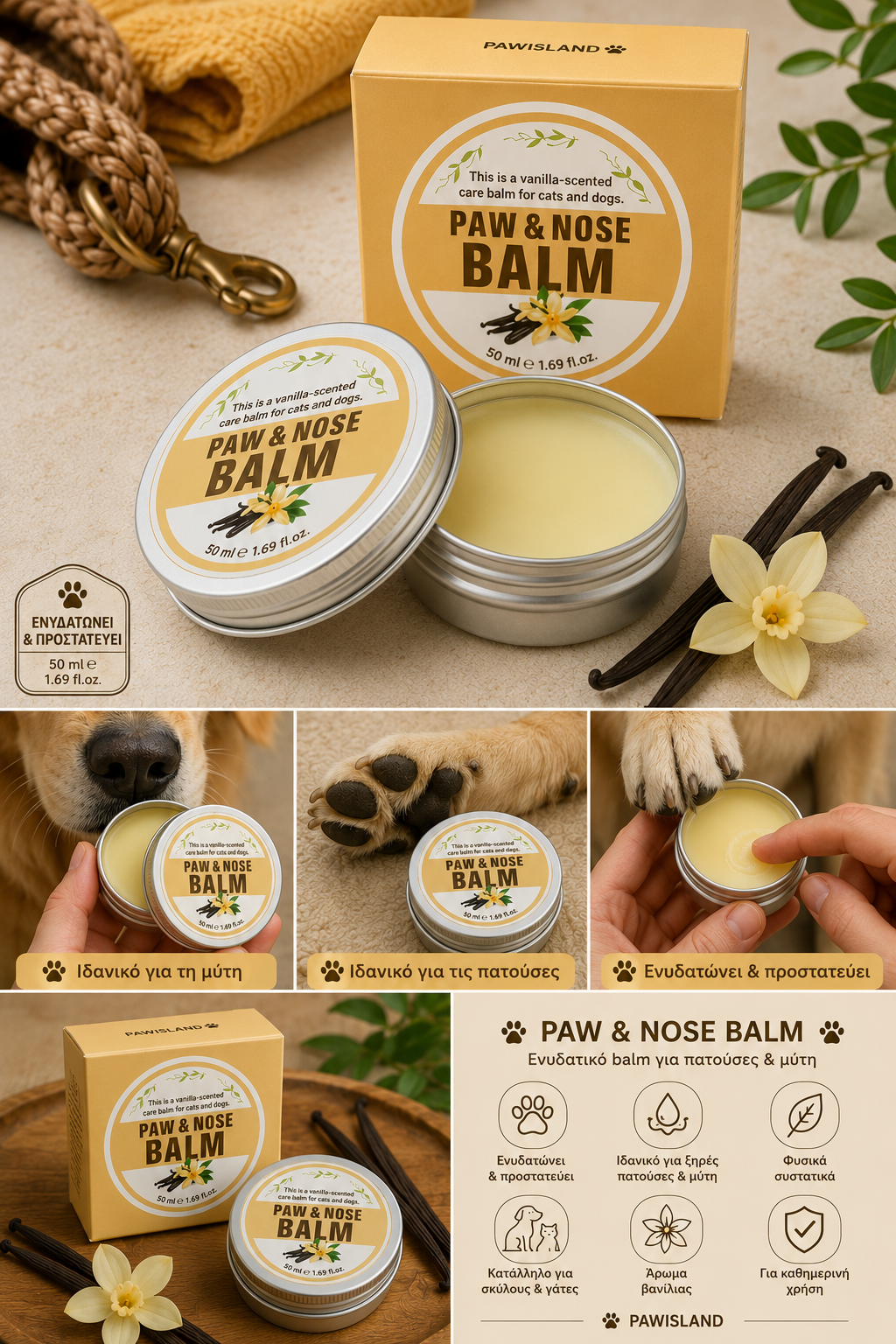 PawIsland Paw & Nose Balm – Ενυδατικό Balm για Πατούσες & Μύτη 15g 🐾